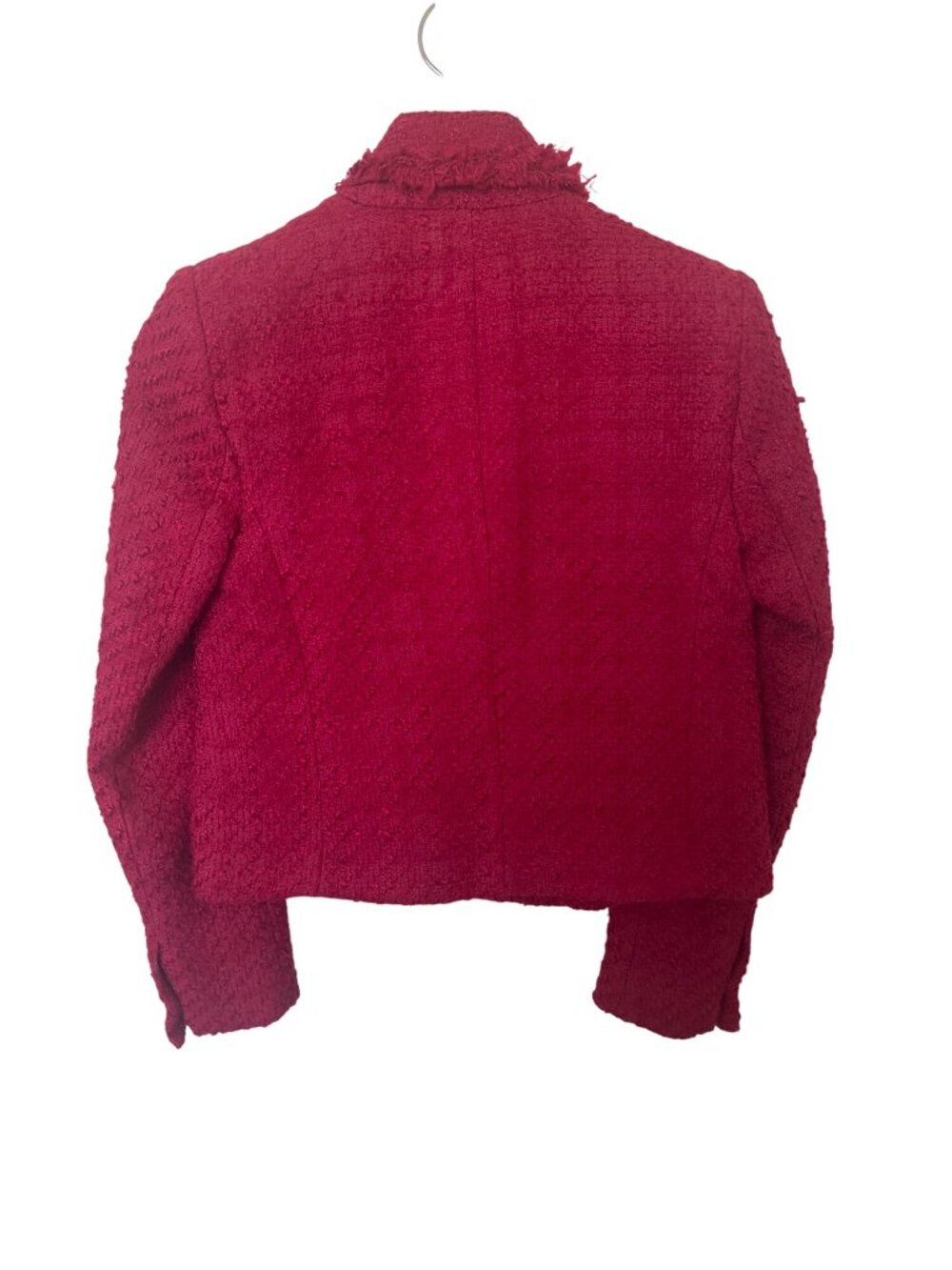 Zara Double-Breasted Tweed Blazer In Fuchsia With Frayed Edges & Gold Buttons - Picture 9 of 13